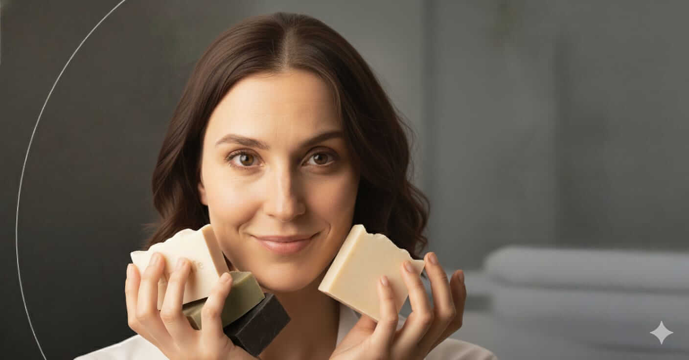 Sortiment-Naturseife-Frau hält Seife in der Hand