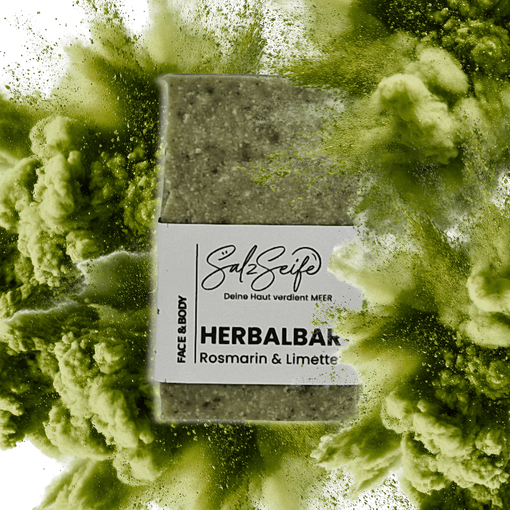 HerbalBar Kräuterseife dekoriert mit Rosmarin und Meersalz mit explodierendem Hintergrund