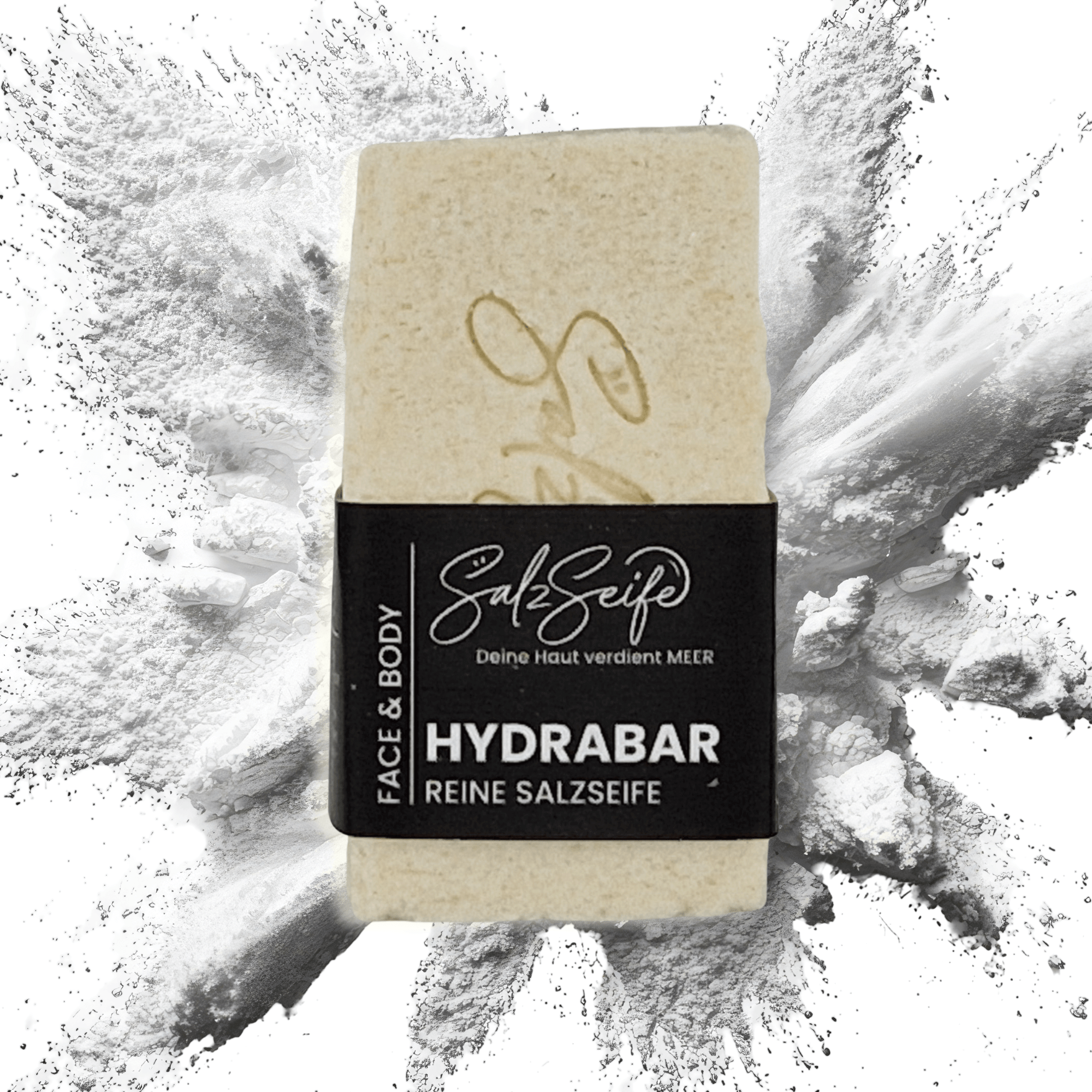 HydraBar Salzseife mit feiner Salzstruktur in Nahaufnahme mit explodierendem Hintergrund