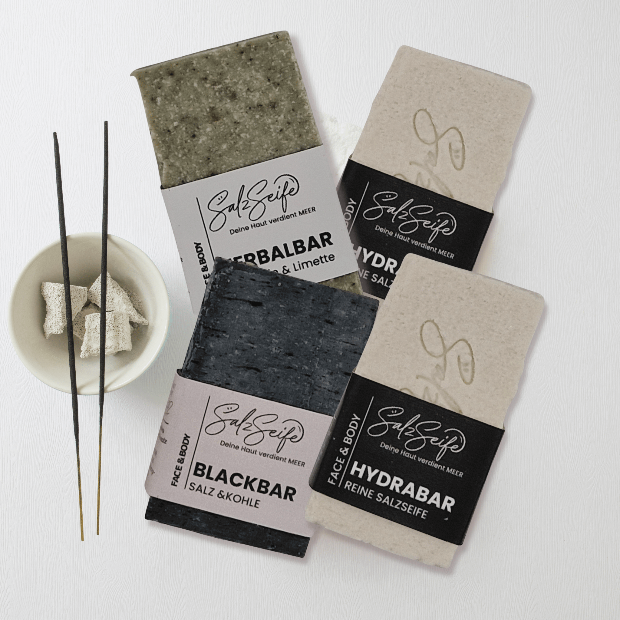 BARmix Salzseife Set mit HydraBar, BlackBar & HerbalBar im Flatlay