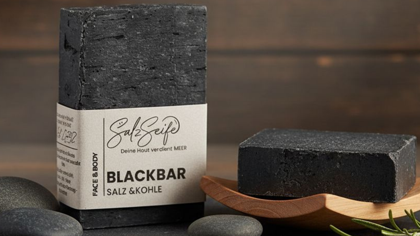 BlackBar Naturseife mit Aktivkohle stehend auf einer Natursteinplatte daneben liegt eine schwarze Naturseife auf einer Holzseifenschale