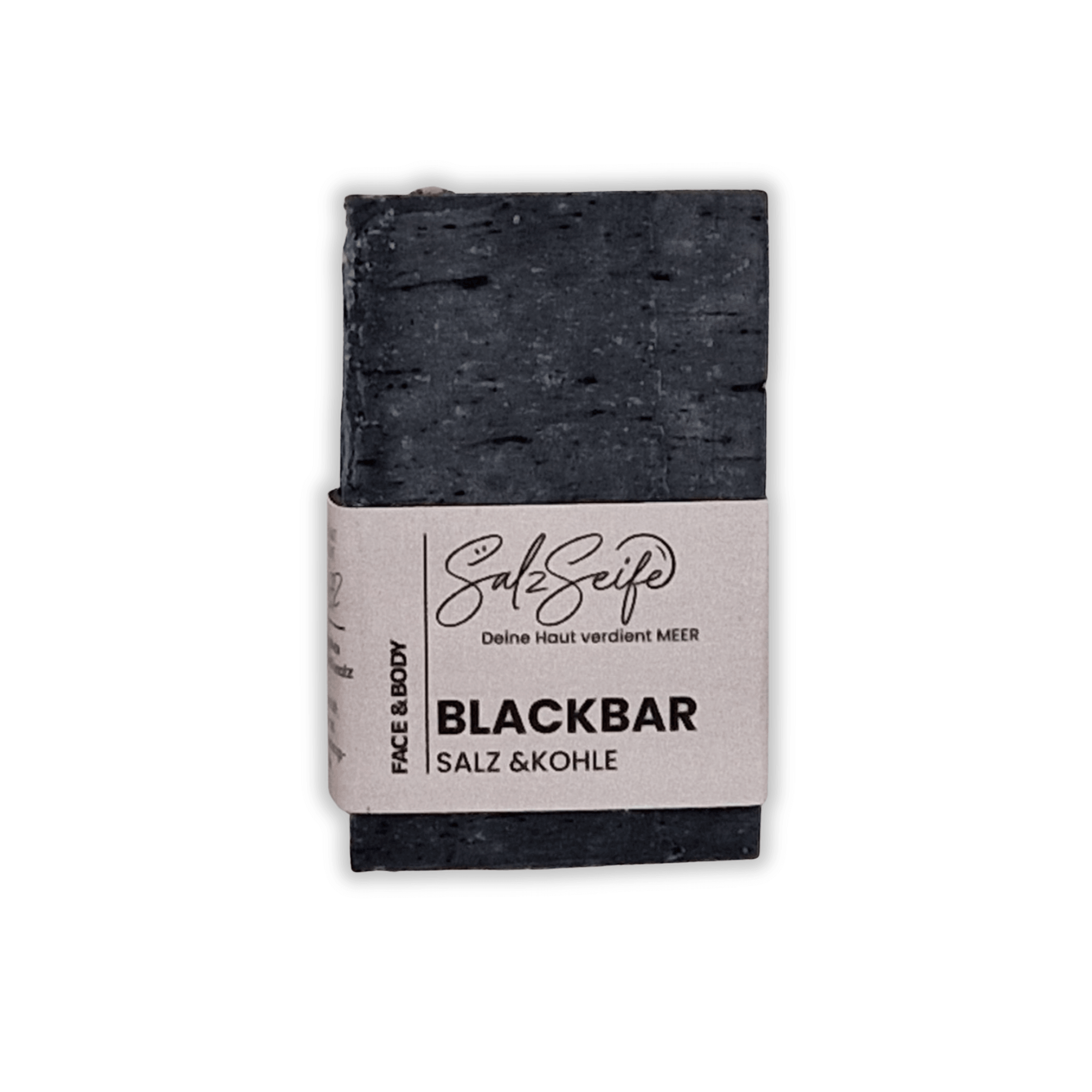 BlackBar Aktivkohle Seife als rechteckiges Seifenstück auf hellem Hintergrund