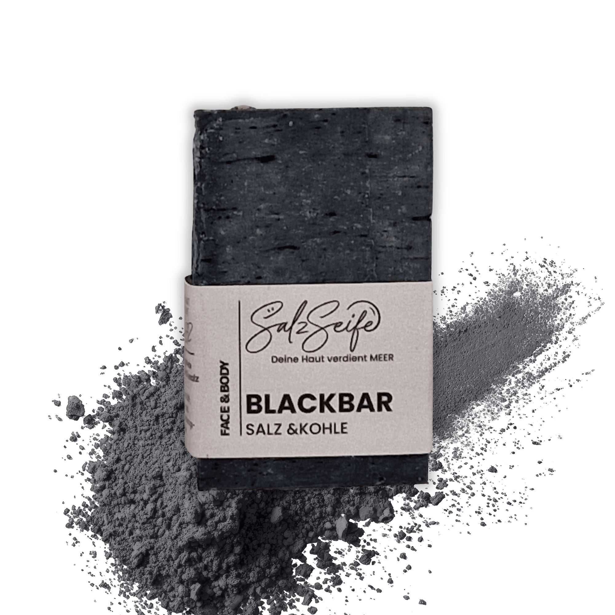 Aktivkohle Seife BlackBar mit feiner Salzstruktur in Nahaufnahme