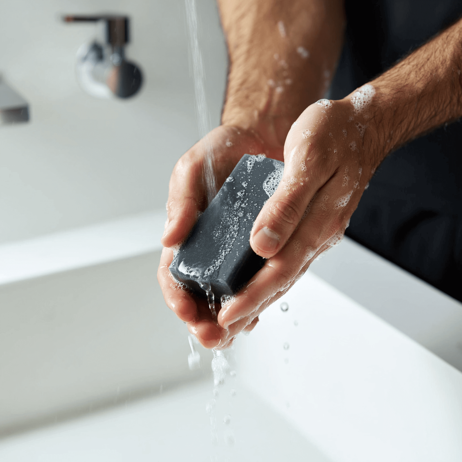 BlackBar Aktivkohle Seife beim Aufschäumen in der Hand